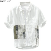 100 linen patchwork short sleeve shirt for men casual printing tops japanese fashion man shirts