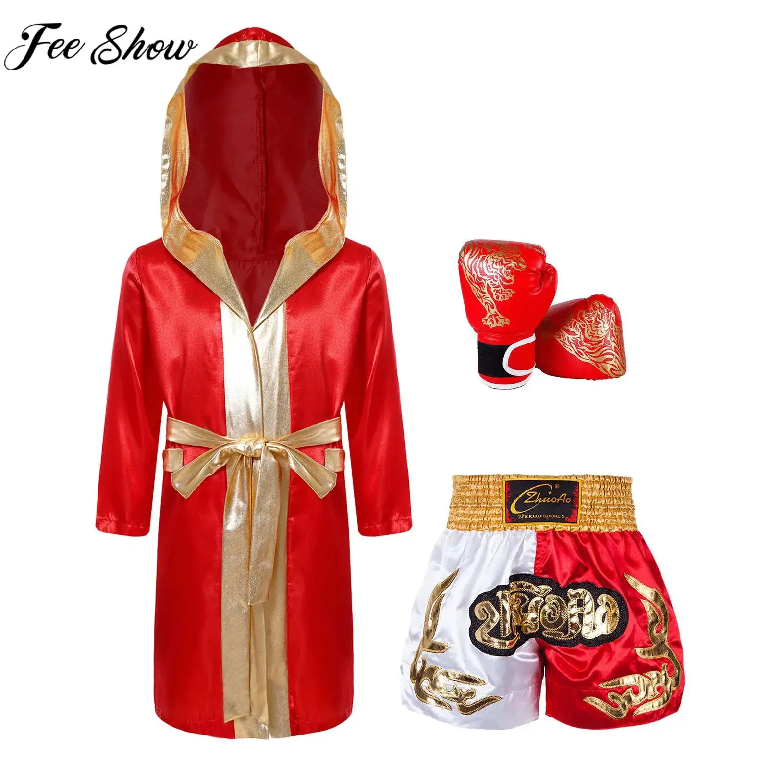 חליפת אימון בוקס לילדים למסיבת הלווין קרנבל בוקסר תחפושת קוספליי עם שרוול ארוך, מטפחת סאטן עם הוד וחגורה, מכנסיים קצרים וכפפות