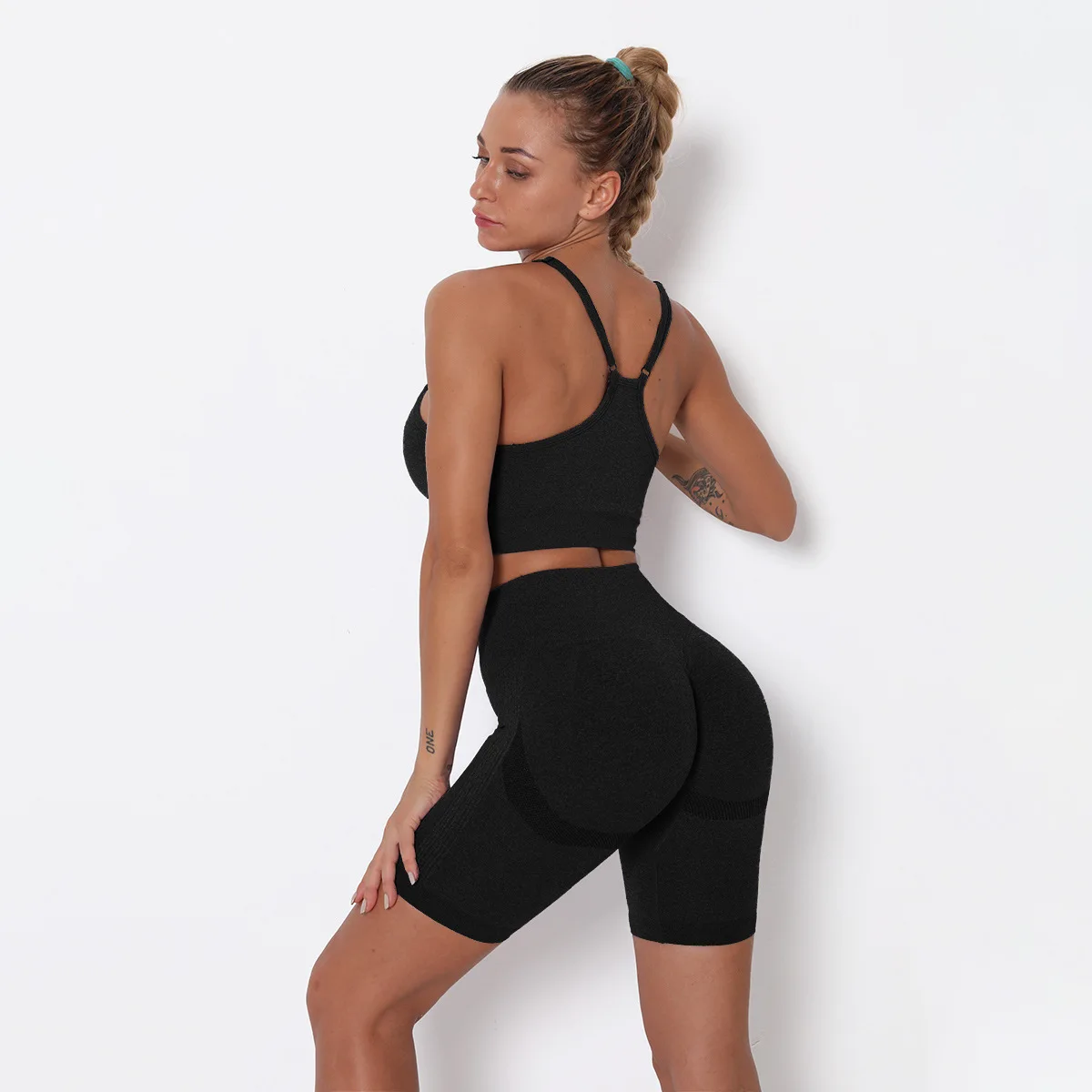 

2022 Women High Waist Seamless Yoga Set Fitness Bra Crop Top Long Sleeve Sexy Bubble Butt Yoga pants Running Sport Suit