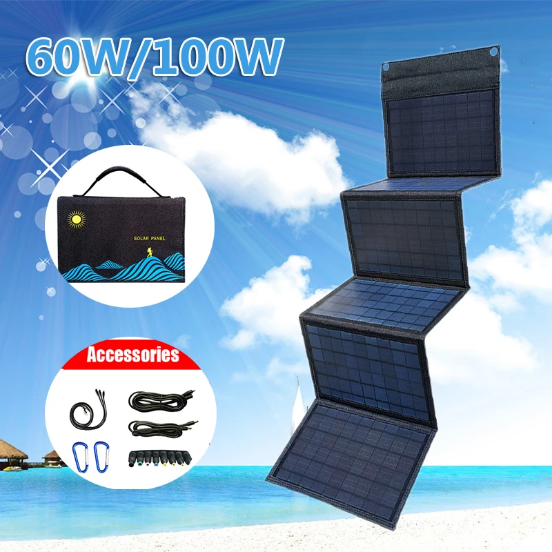 

Портативная Складная солнечная панель, 60 Вт/100 Вт, USB + DC Выход, солнечное зарядное устройство, внешний источник питания для магнитного генера...