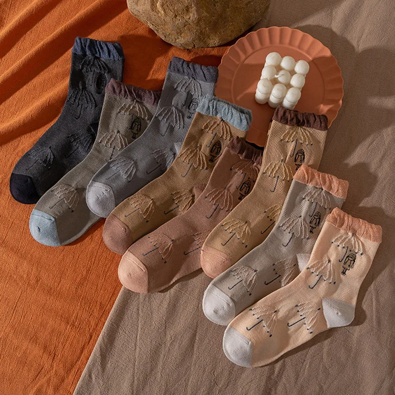 

Autumn and Winter Women Cotton Warm Socks Korea Style Kawaii Cute Ladies Casual Print Embroidery Umbrella Socks