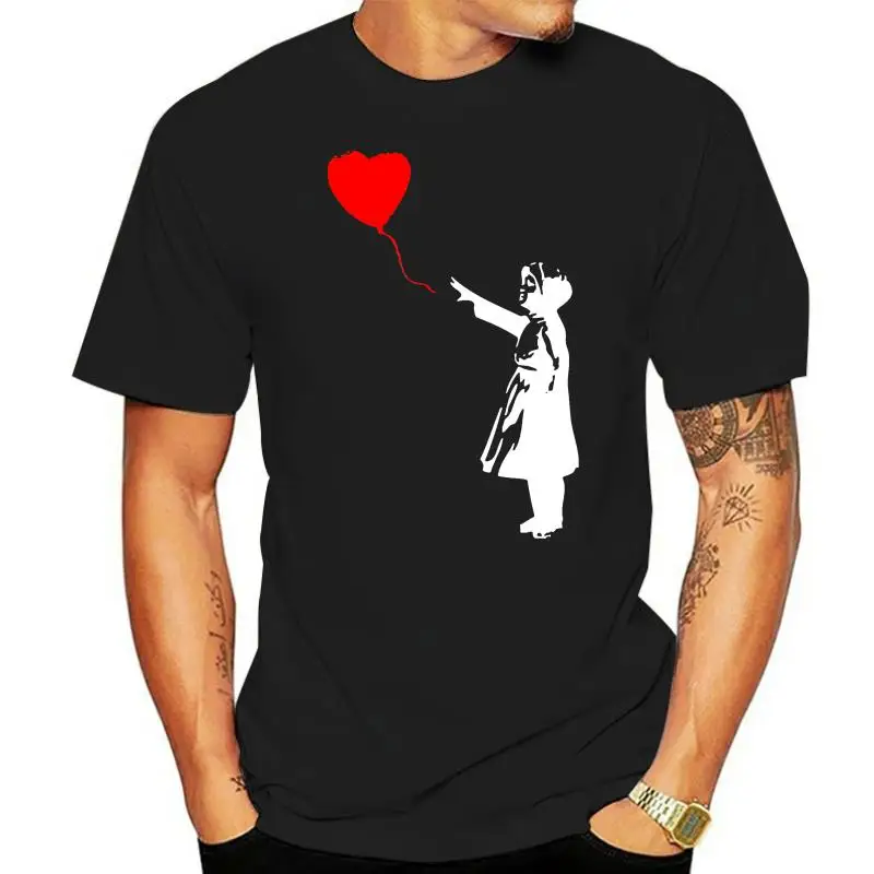 

Camiseta de arte callejero Banksy para niña y hombre, camisa negra de alta calidad con globos de corazón rojo, nueva camiseta de