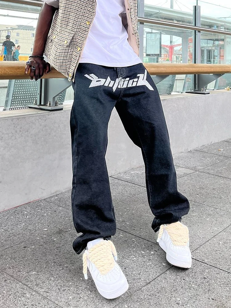 New Trendy Black Baggy Jeans Men Y2K Fashion Logo Printed Cotton Denim Pants Streetwear Patched Loose Straight Casual Trousers