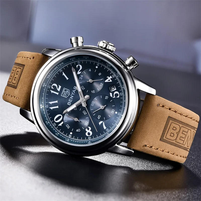 Часы-хронограф мужские водонепроницаемые из натуральной кожи в стиле милитари |