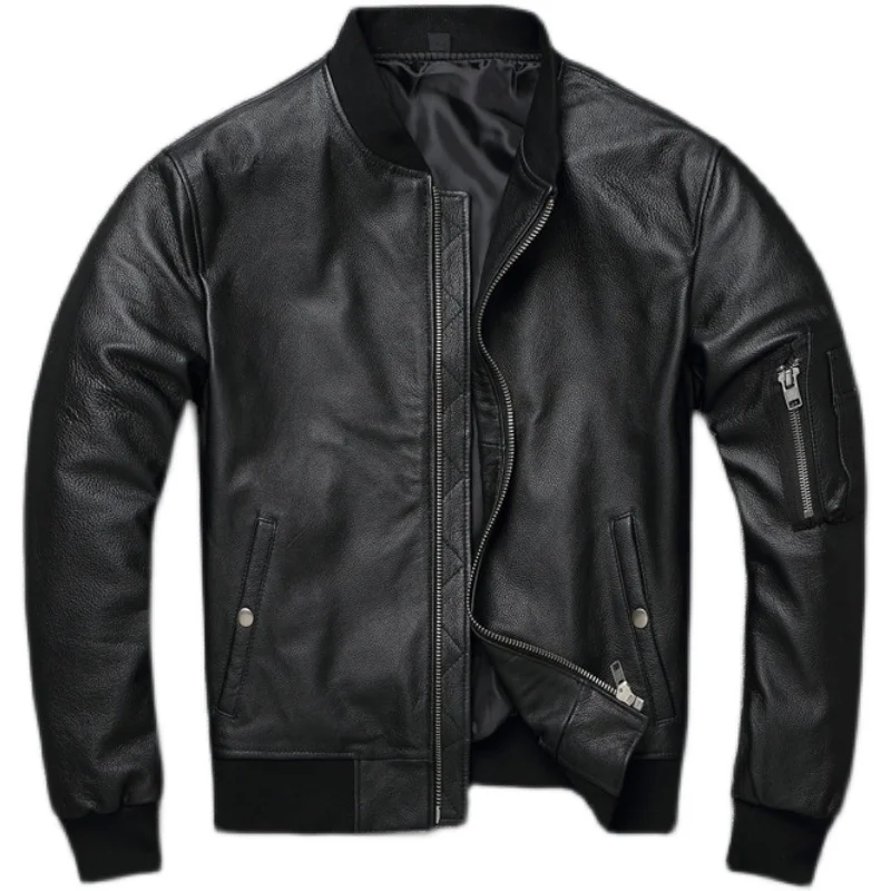 

casual Classic Free cheap shipping.Ma-1 genuine leather jacket.men black slim bomber style cowhide coat,Plus size.sales