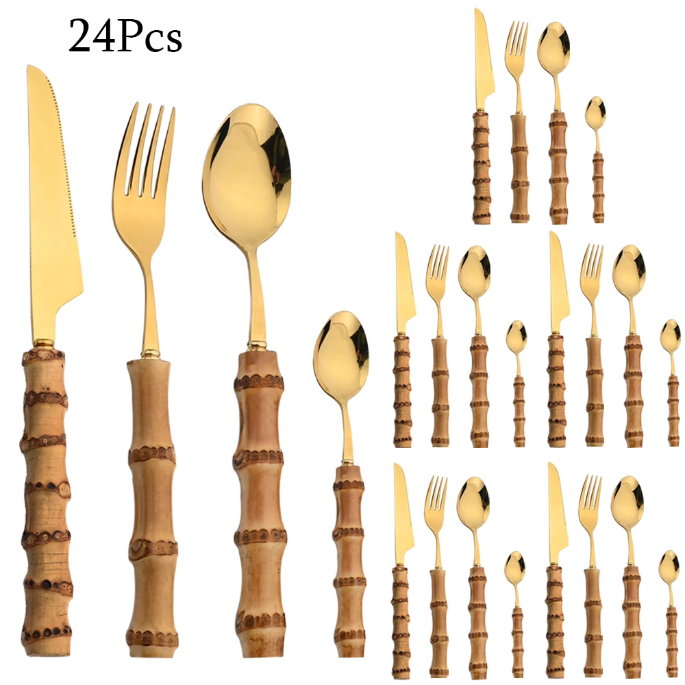 

24pcs Bamboo Handle Tableware Set Stainless Steel Flatware Fork Steak Knife Spoon Silverware Set Dinnerware Home Cutlery Set