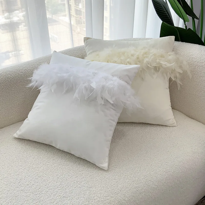 

Light Luxury Feather Stitching Cushion Cover Solid Color Dutch Fleece Feather Pillow Covers Decorative Home Creative Pillowcase