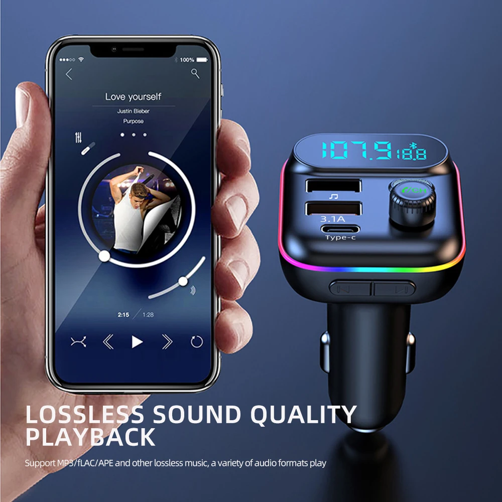 

USB QC3.0 PD Type C Car Charger Car Bluetooth 5.0 FM Transmitter Dual Ambient light Handsfree Mp3 Music Player Support TF Card