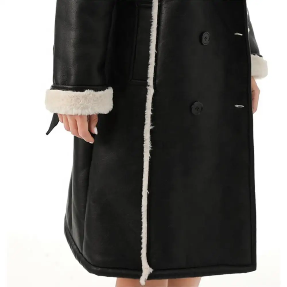 Women Winter Real Suede Slim Long Cardigan Coat Warm double-breasted v-neck With Belt Windbreaker Lining Real Lambs Jacket