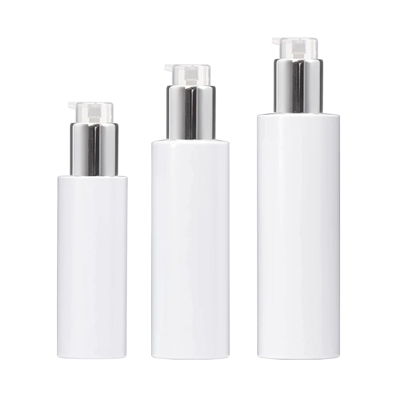 

Empty White Plastic PET Lotion Press Bottle 100ml 150ml 200ml Glossy Silver Collar Clear Pump Cosmetic Packaging Container 25Pcs