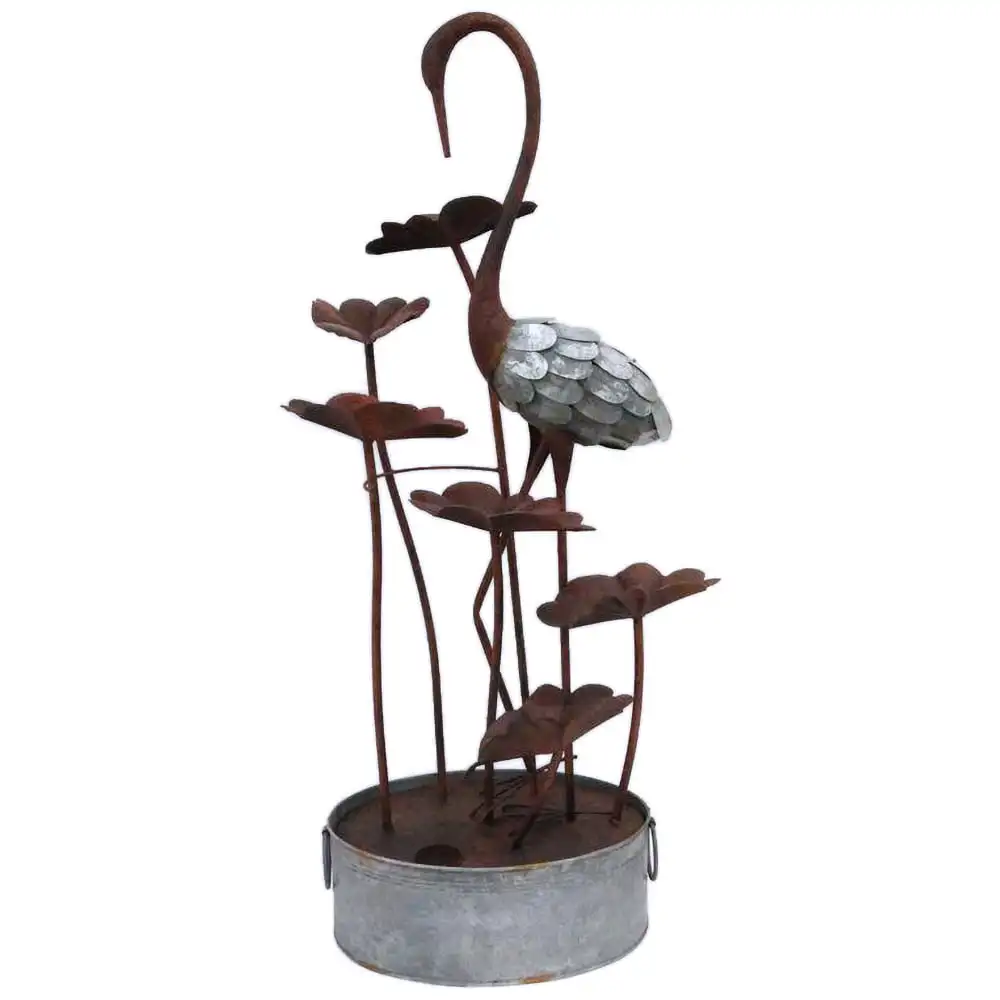 

METAL CRANE WITH LEAVES IN PAIL FOUNTAIN