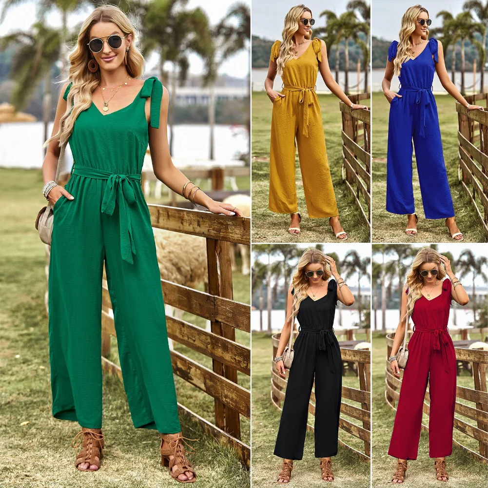 Solid Color Fashion Casual Straight Pants Tied Rope V-neck Sleeveless Jumpsuit 2023 Summer Long Temperament Commuting Slim Women