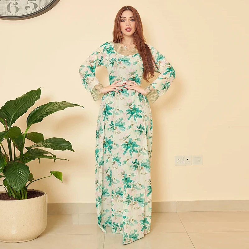 Flower Print Lace Eid Abaya For Women 2022 Diamond Ramadan Dubai Arab Evening Morocco Arabic Abayas Hijab Muslim Dress Turkey