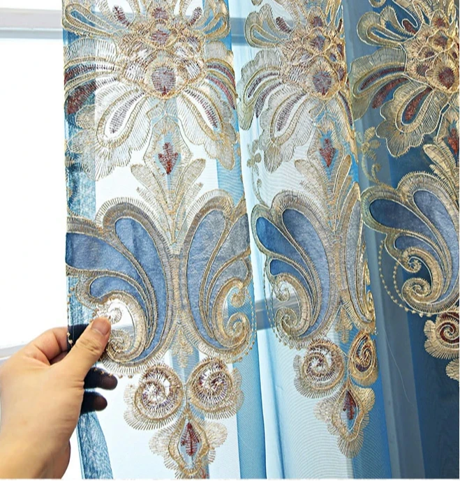 

Синие тюлевые шторы с вышивкой, 1 панель