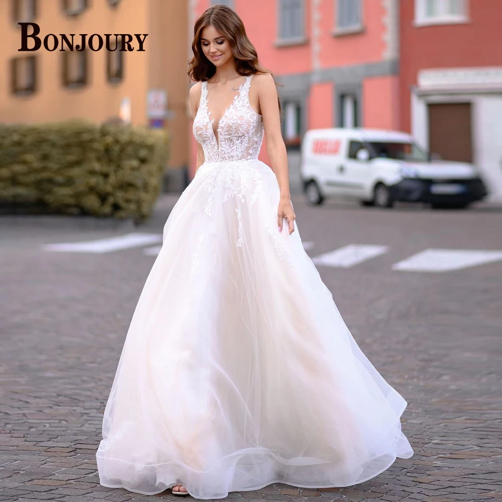 

BONJOURY Modern Backless Wedding Dress For Woman 2024 Bride V-neck Sleeveless Tulle Pleat A-line Vestidos De Noiva Made To Order
