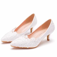 size 34 43 lace flower wedding shoes 5cm high heeled bride shoes princess pointed toe white sweet party mary janes