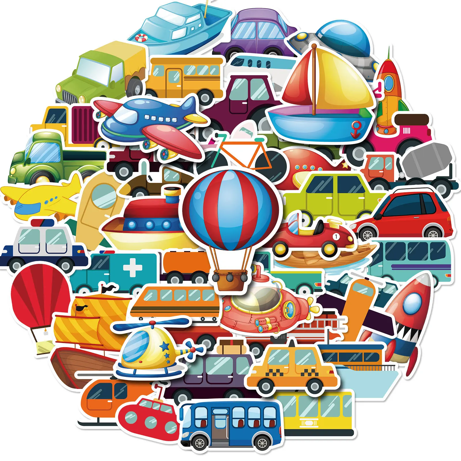 

50 Cartoon Vehicle Series Stickers Cute Educational Vehicle Car Airplane Ship Hot Air Balloon Sticker Laptop Sticker Cute