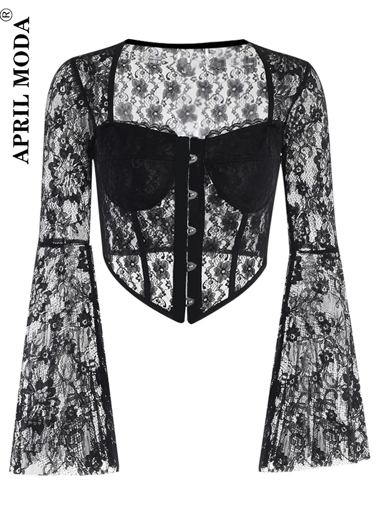 

2023 Autumn Lace Black Bandage Corset Tops Bandage Y2K See Through Blouse Gothic Fairycore Grunge 90s Steampunk Vintage T Shirts