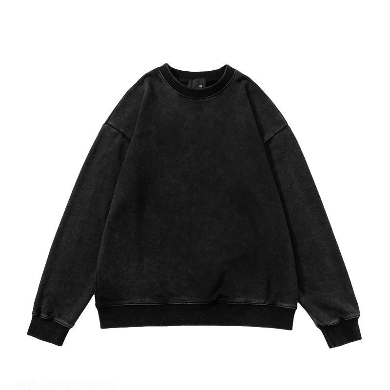 

Spring Autumn 2023 Pure Black Simple Sweatshirt Men Women Washed Worn Round Neck Hoodie Terry Fabric Pullover