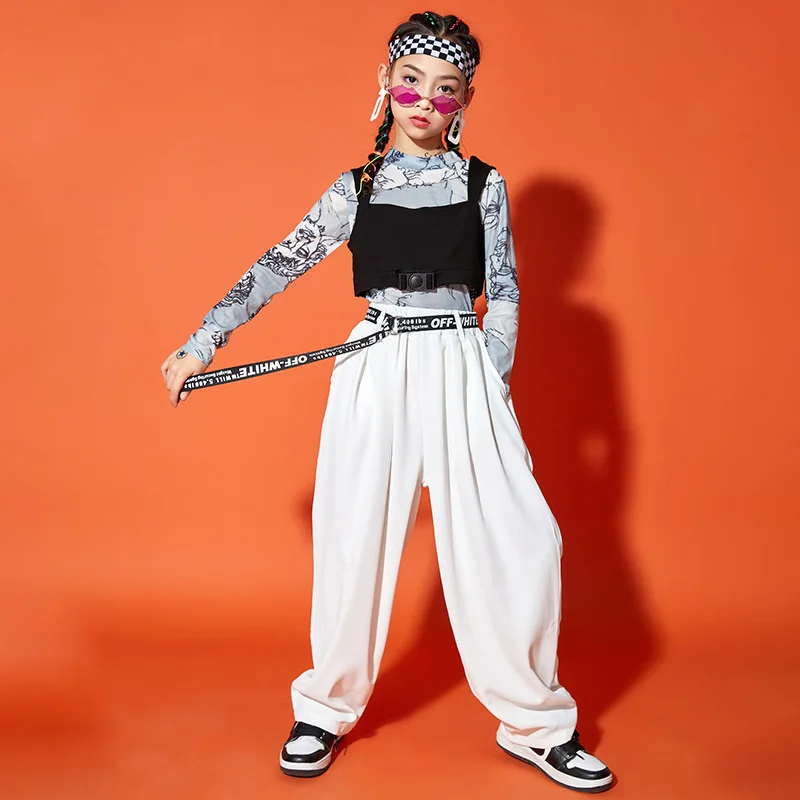 

Комплекты для девочек, уличная одежда, модная футболка в стиле хип-хоп для джазовых показов, брюки с широкими штанинами, жилет, Детская футболка, брюки, детская танцевальная одежда