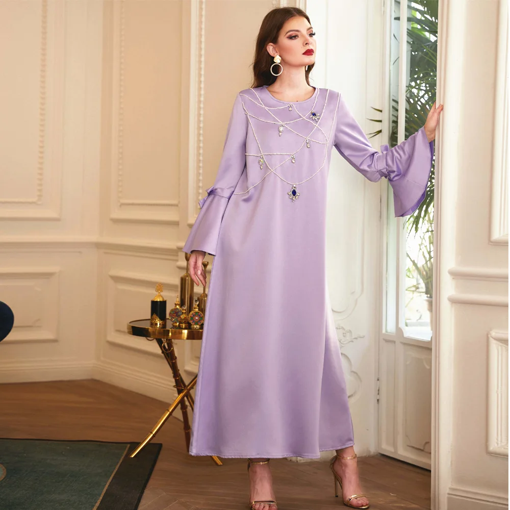 Women Spring Summer Muslim Noble Purple with Diamond Frill Sleeve Skirt Turkey India Abaya Arab Islamic Women Kraftan Gown