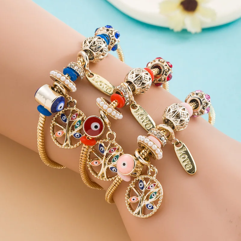 

Gold Alloy Metal Trendy Evil Eye Mixed Beads Heart Bracelet Adjustable Rhinestone Letter Tag Women Cuff Bangle DIY Jewelry