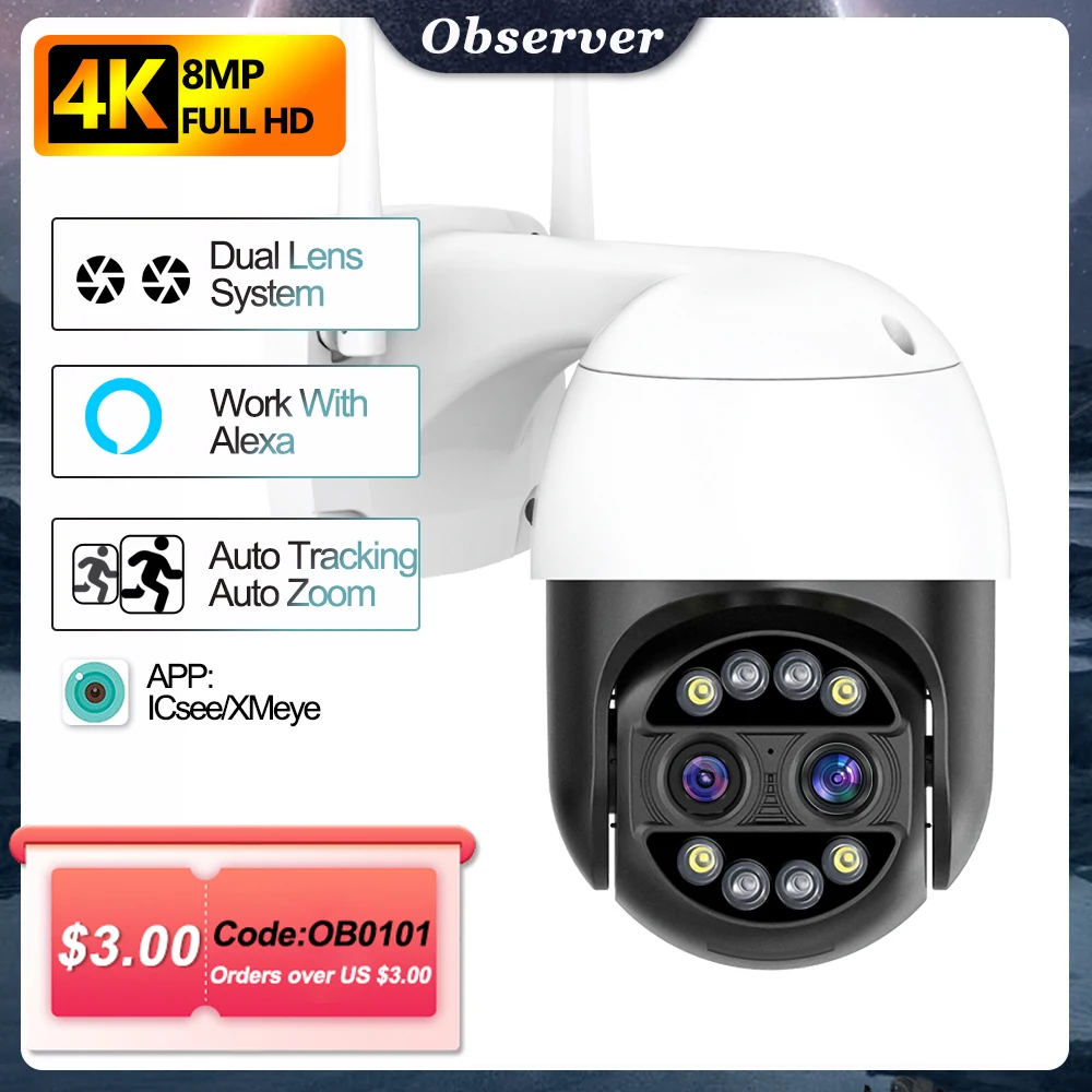 

4K 8MP, двухобъективная камера наблюдения, на улице, WIFI, 8x гибридный зум, обнаружение людей, IP-камера, защита безопасности, AI слежение, Alexa