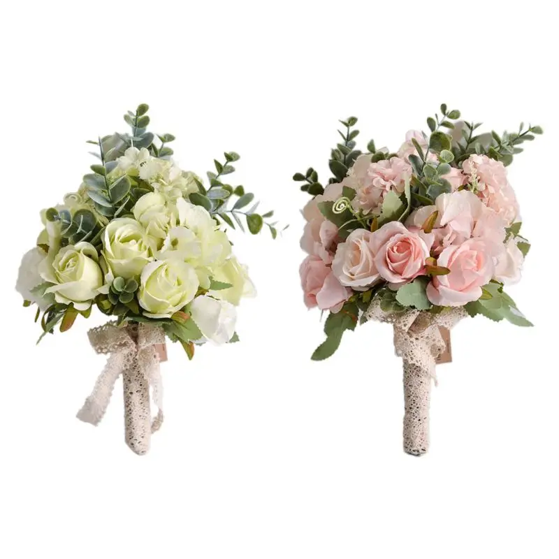 

Wedding Bridal Bouquet Handmade Artificial Rose Eucalyptus Leaves Bridesmaid Holding Flowers for Party Home Table Decor