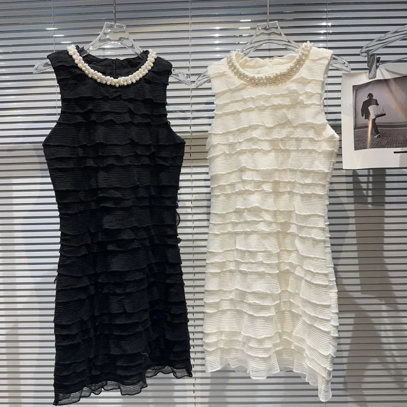 

BORVEMAYS Beading O Neck Dress Elegant Temperament Pleated Ruffles Sleeveless Solid Color Knee-length Temperament Dresses Women