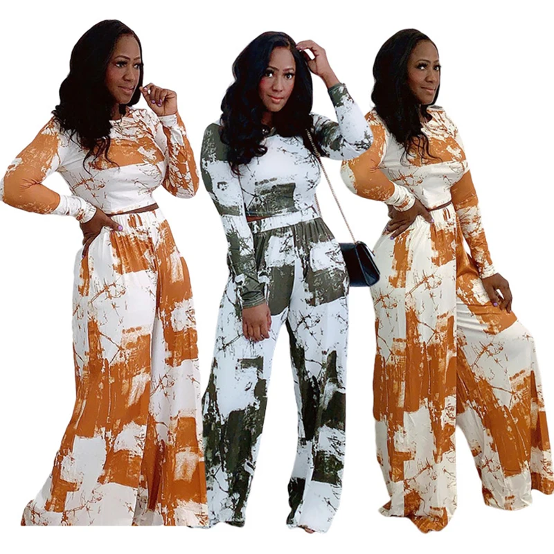 

Chiclover 2022 Fashion Print Party Outfits For Women Crew Neck Crop Top Wide Leg Pant Sexy Two Piece Set Wholesale Dropshipping