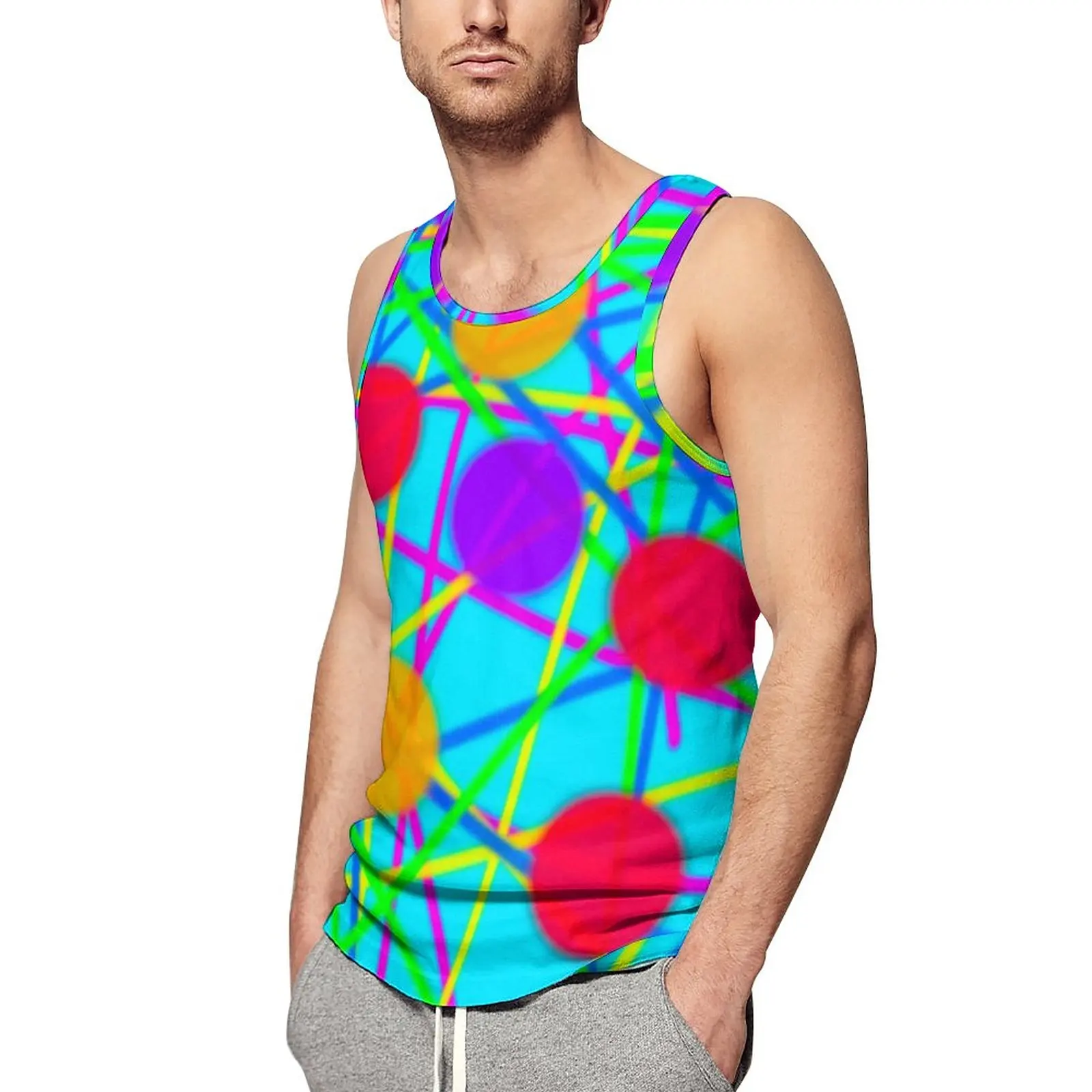 

Dots And Stripes Tank Top Men Abstract Line Print Trendy Tops Beach Bodybuilding Graphic Sleeveless Shirts Plus Size