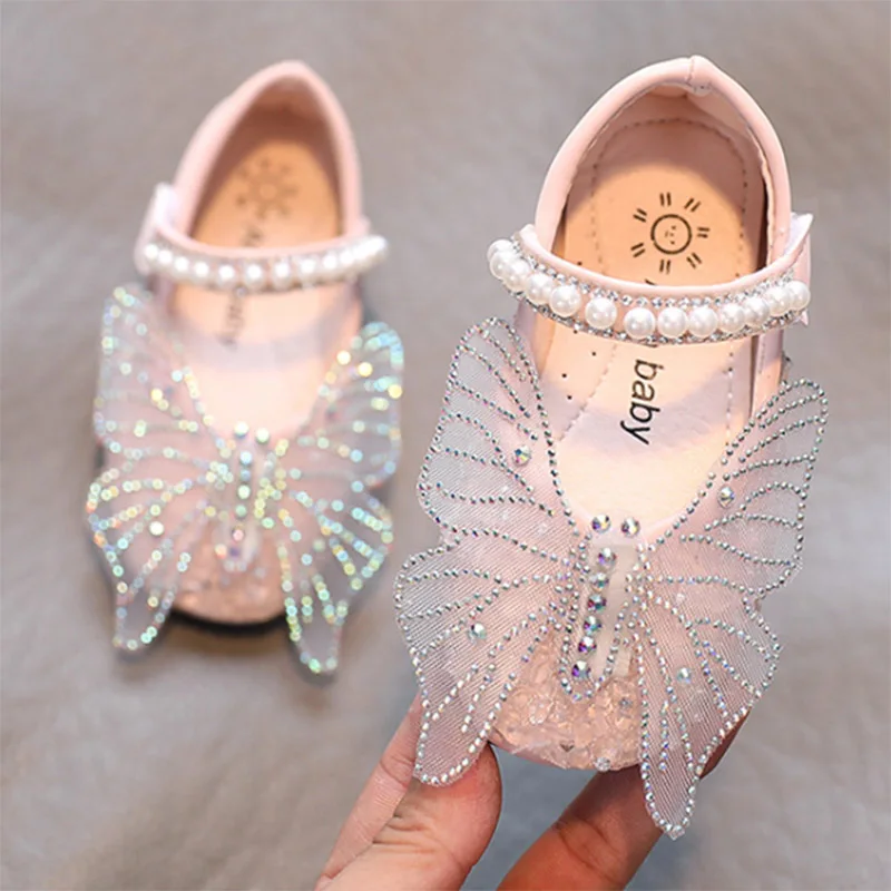 

Осенняя обувь для девочек 2021 блестящие туфли принцессы с крыльями бабочки одиночные шнурок для обуви танцевальные туфли с бусинами для дет...