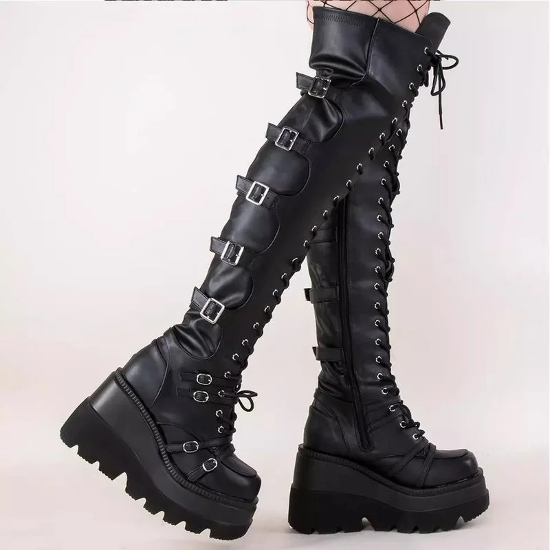 2022 Women Boots Design Female Platform Thigh High Boots Fashion Buckle Punk High Heels Boots Women Cosplay Wedges Shoes Woman images - 6