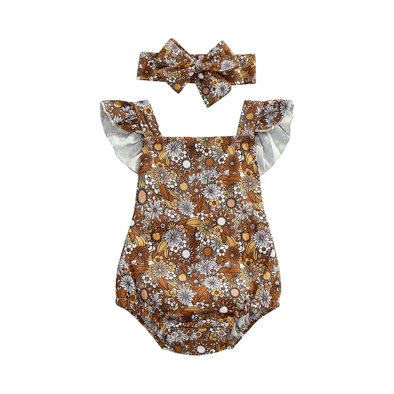 

Newborn Girl Bodysuit with Headband Set Fly Sleeve Vintage Flower Pattern Square Neck Snap Crotch Loose Fit Jumpsuit