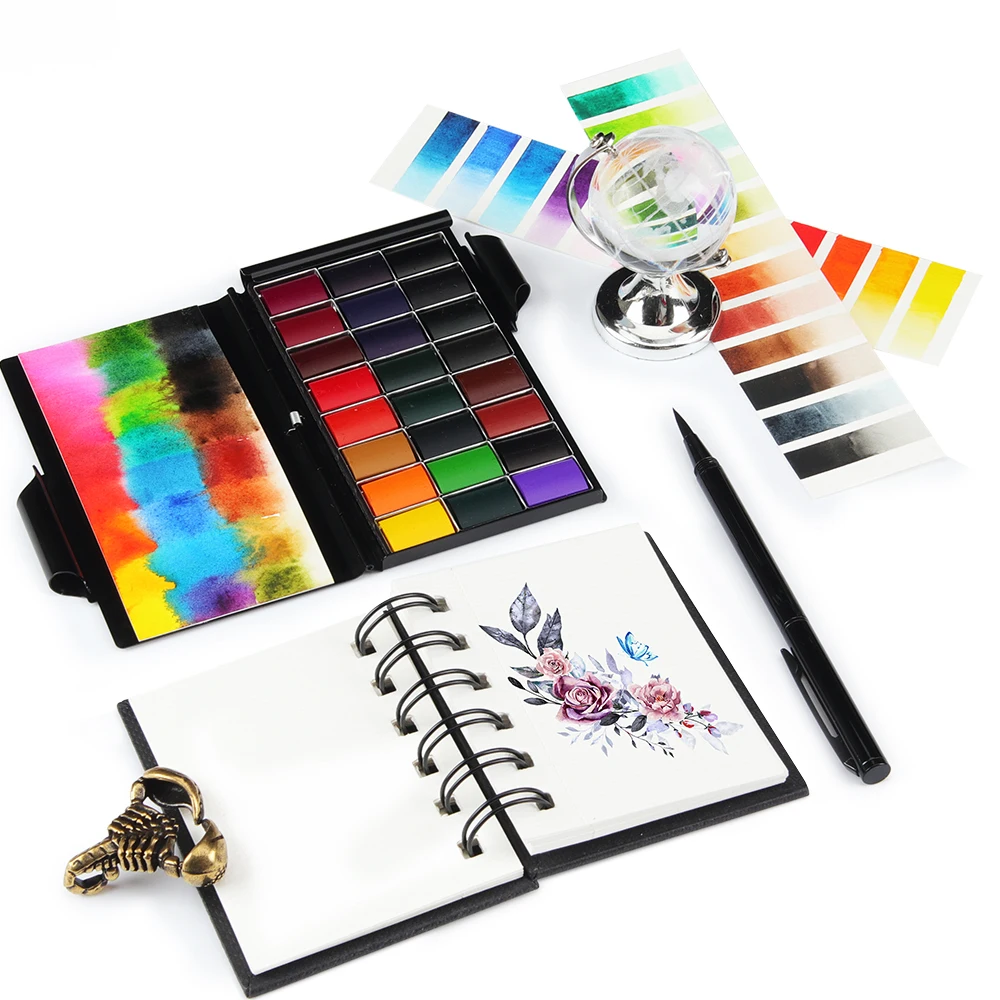 SeamiArt 24 Colors Profesionales Memo Pad Solid Watercolor Set Acuarelas with 1pc Metal Paint Brush Pen Palette Art Supplies