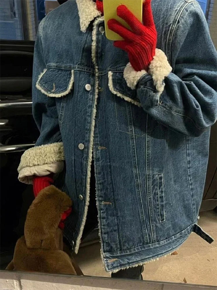 Синее толстое плюшевое джинсовое пальто с ягненком женское осенне-зимнее