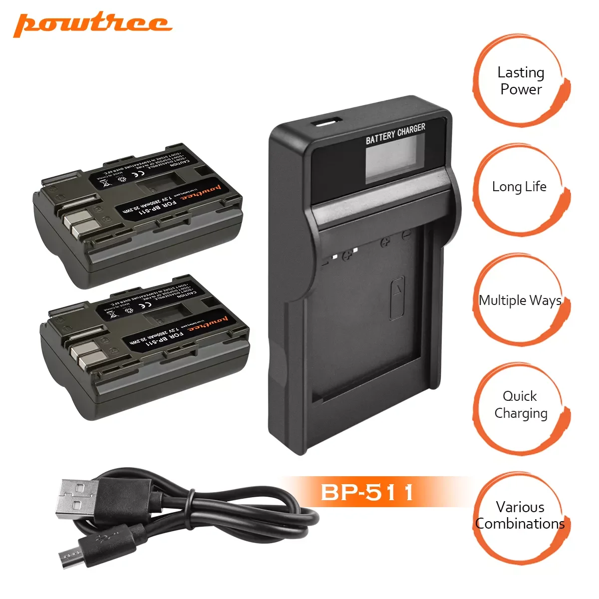 

Powtree 2800mAh BP-511 BP 511 BP511 BP511A 7.4V Camera Battery for Canon EOS 40D 300D 5D 20D 30D 50D + LCD USB Charger