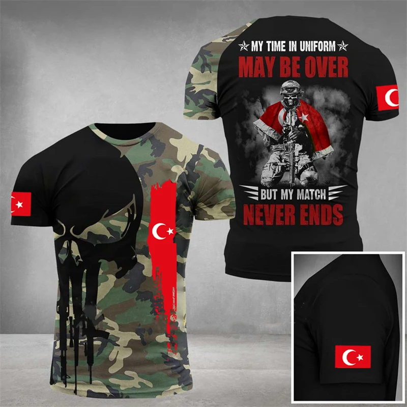 

Turkish Army Veteran Skull T Shirt Men 3D Turkey Flag Camouflage Print T-shirt Military Camo Tops Soldiers Tactical Short Sleeve