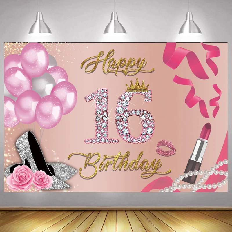 

Pink Sweet 16 Backdrop Happy Birthday Party Girls Boy Sixteen Years Photography Background Photographic Photo Banner