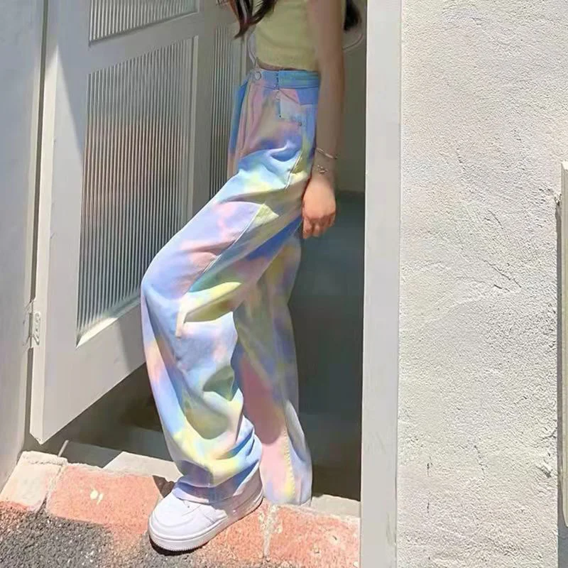 2023 Summer Tie Dye Jeans for Women Ins High Waist Loose Straight Trousers Female Korean Streetwear Wide Leg Pants