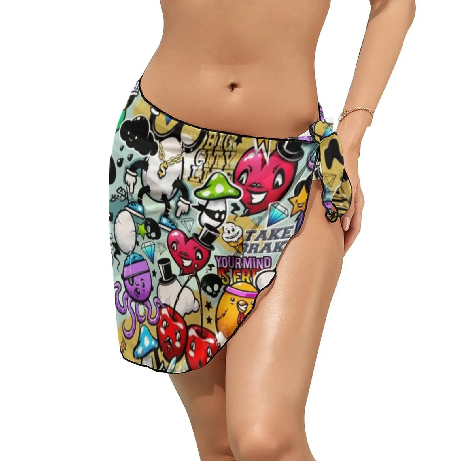 Word Graffiti Print Beach Bikini Cover Up Summer Street Art Chiffon Cover-Ups Graphic Wrap Scarf Swimwear Kawaii Swimsuit Cover