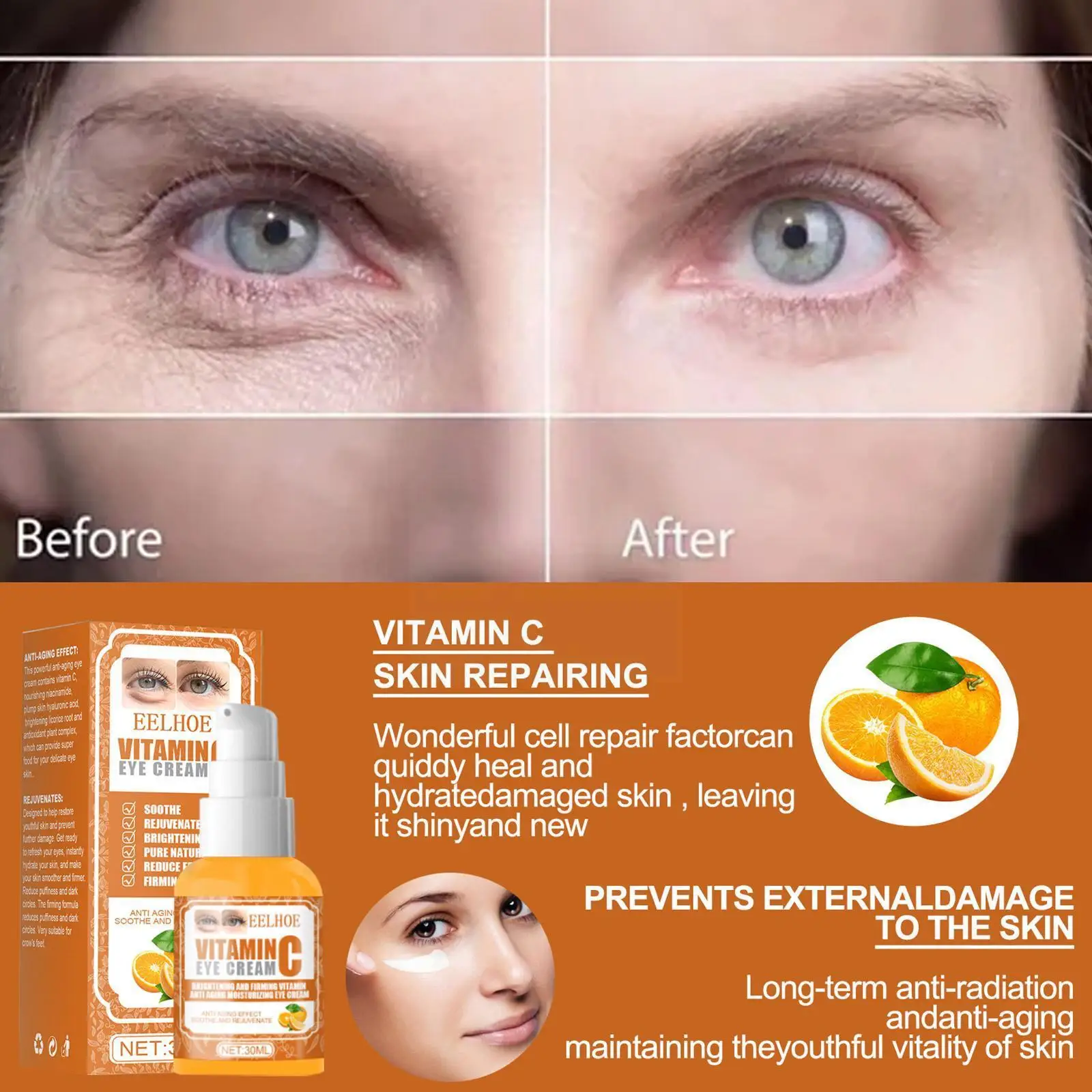 

30ml Vitamin C Anti Dark Circles Eye Cream Remove Eye Massage Brighten Firm Anti-wrinkle Bags Cosmetics Moisturizing Beauty Y7u4
