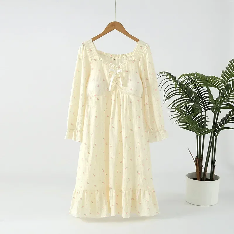 

Home Fresh Sweet Nightgowns Sleeve Sleep Chest Pad Nightdress Long Pajama Dress Loose Gauze Long Women's Summer Cotton