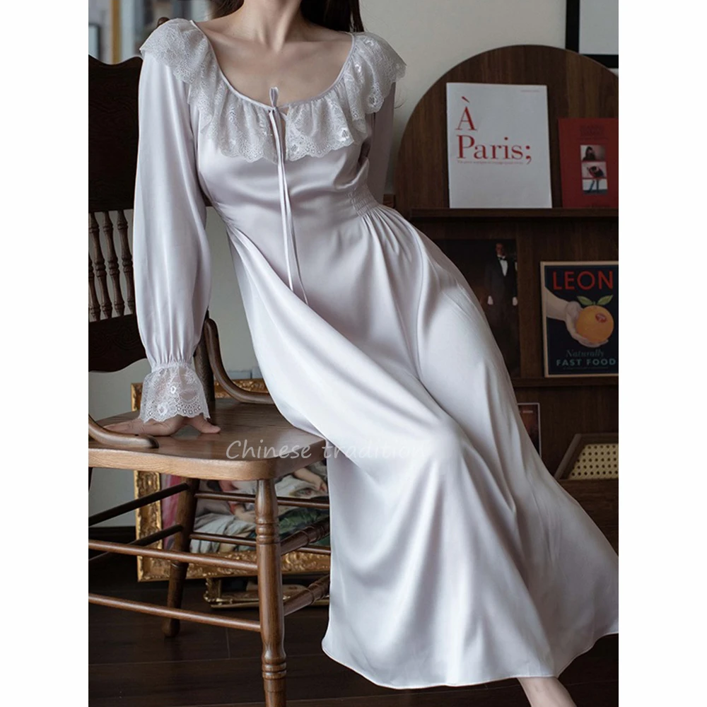 

Элегантная фиолетовая ночная рубашка, винтажная кружевная ночная сорочка с воротником, вискоза, Женская атласная ночная рубашка, домашнее белье с длинным рукавом, ночное белье