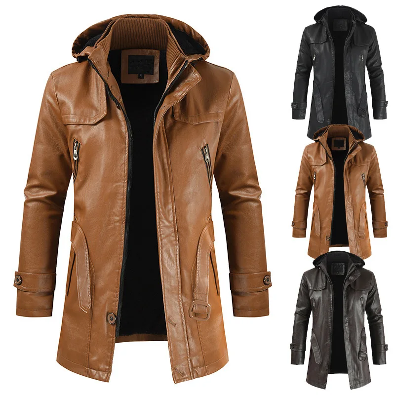 Autumn and Winter 2022 Men's Casual Fashion Leather Dress Hooded Slim Fit Youth Men's Leather Dress