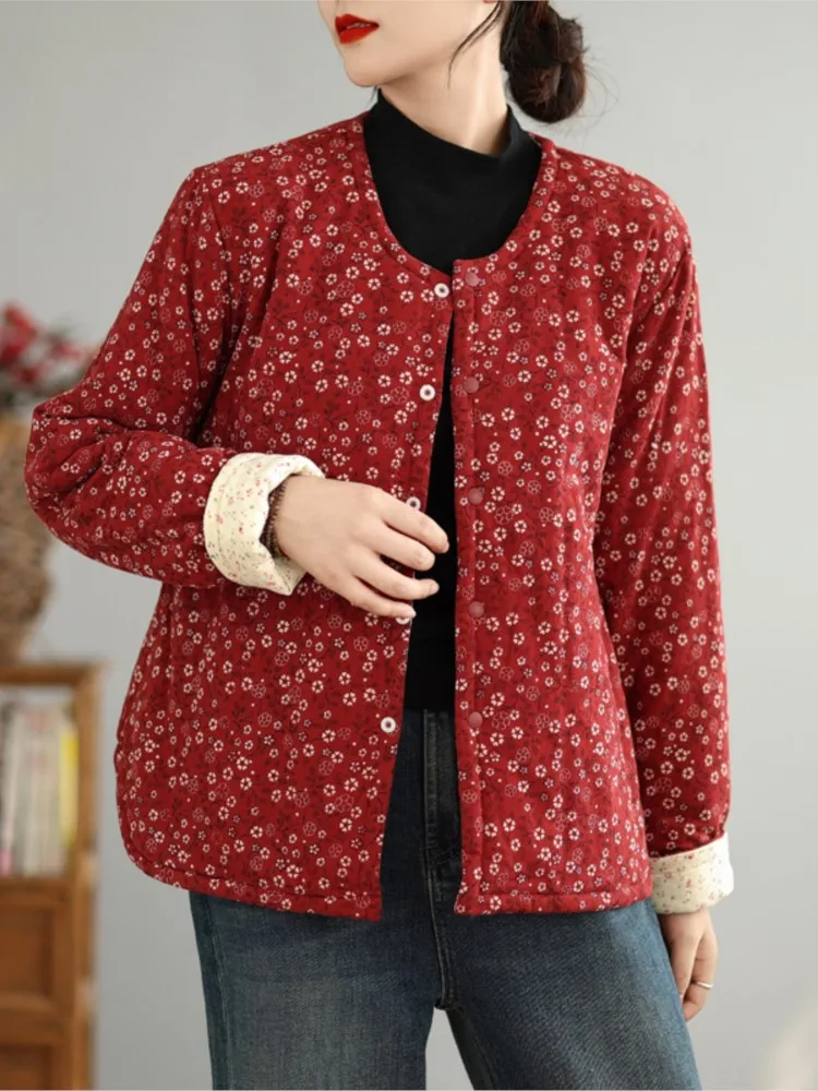 Оверсайз осенне-зимнее стеганое хлопковое пальто с цветочным принтом женское