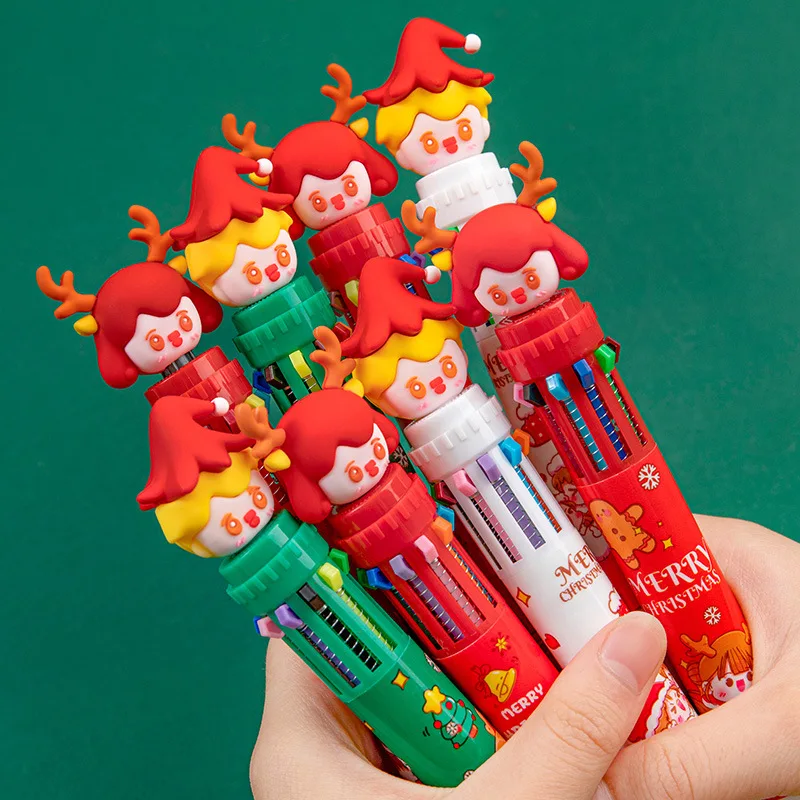 12 Pcs Christmas10 Color Ballpoint Pens Student Cartoon Multi Color Pressed Colorful Pen Christmas Gifts Pens for Writing