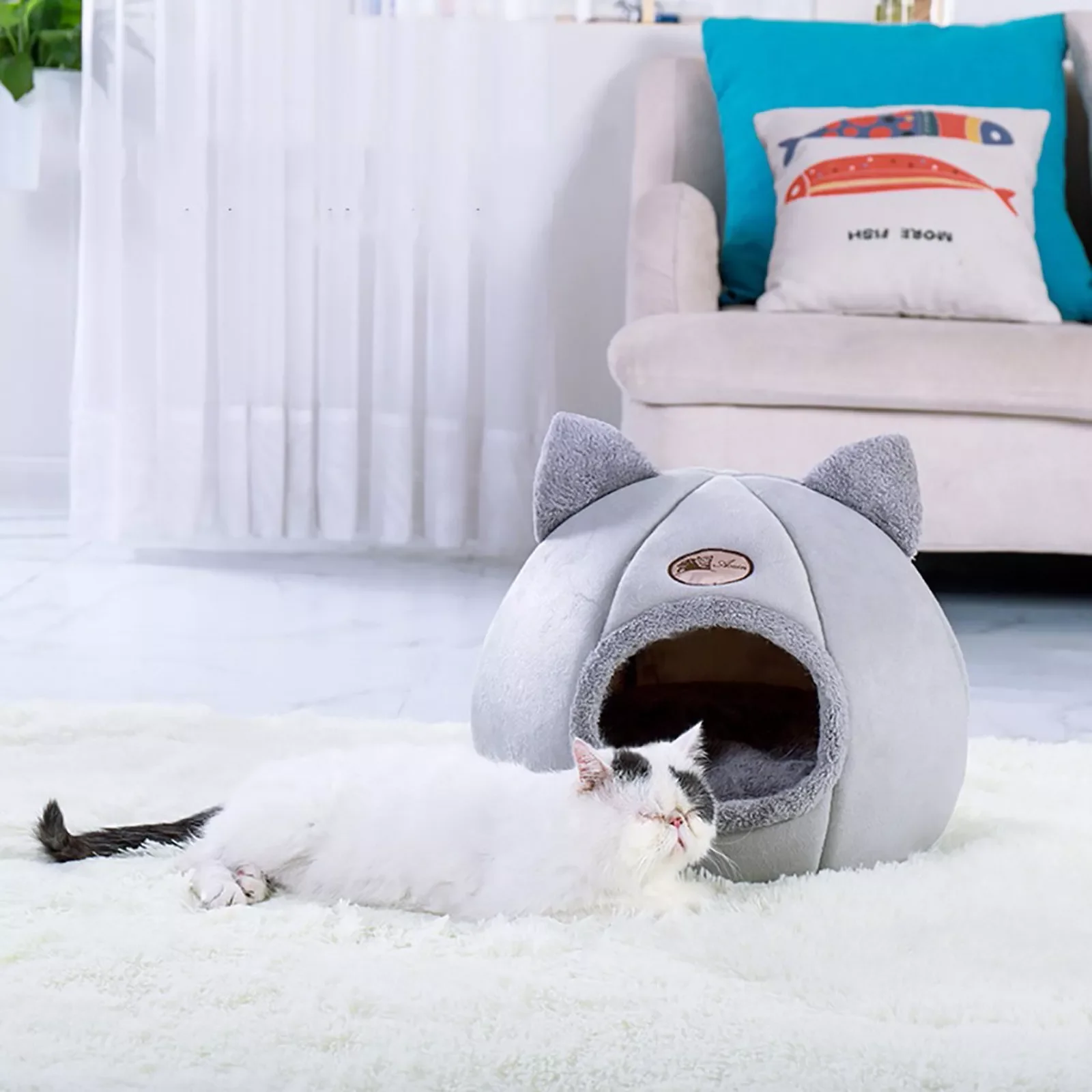 

Round Cat Bed Deep Sleep House Kennel Cat Ears Cave Kitten Beds Winter Warm Plush Dogs Kennel Pets Tent Cats Accessories For Pet