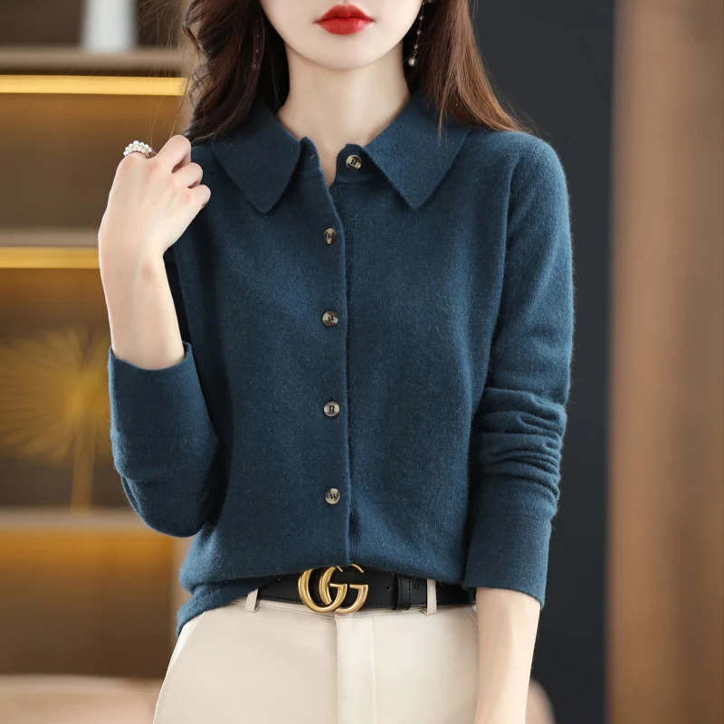 

Women's Wool Knit Cardigan Loose Delicate PoLo Neck Sweater Jacket Solid Color Button Shirt Fashion Casual French Chic Design