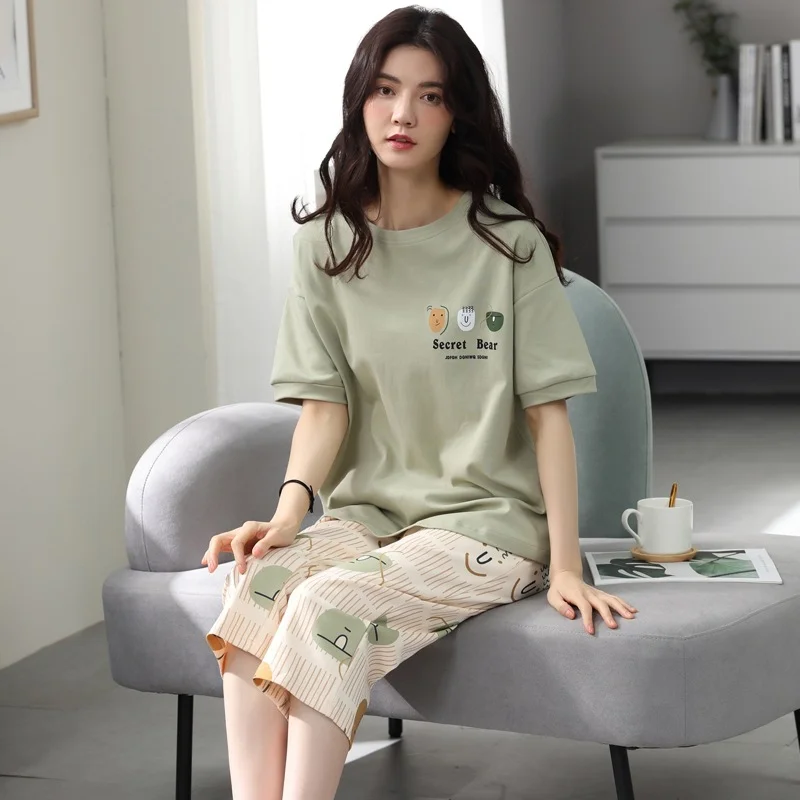 Pajamas women's summer short-sleeved cropped pants thin section cartoon girls plus home service suit spring and autumn